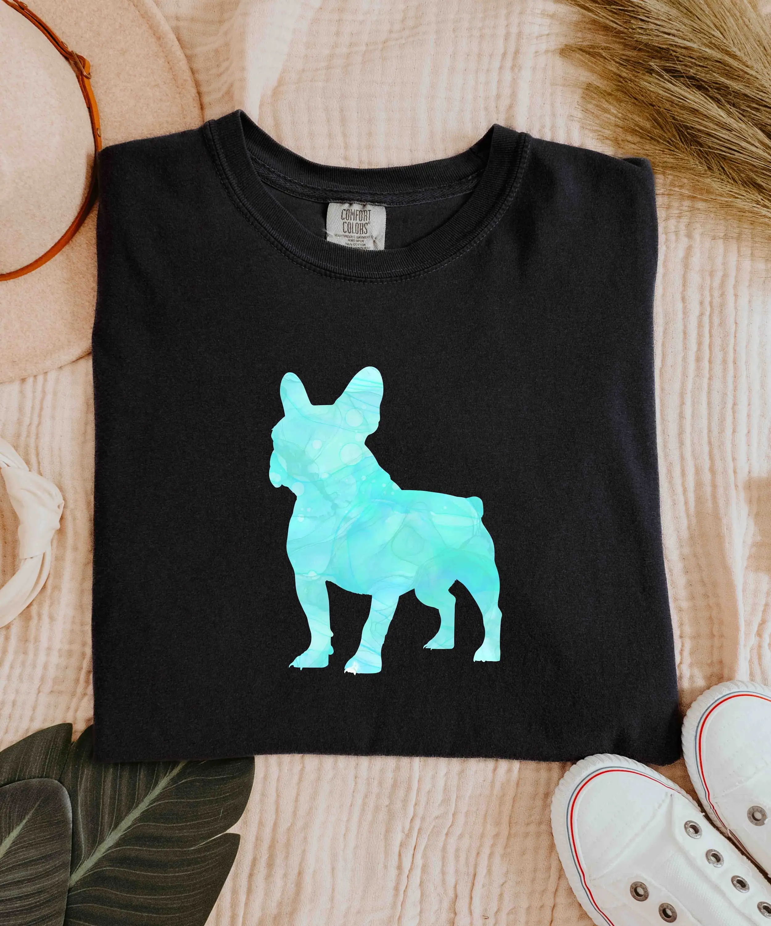 Аква-синий французский бульдог силуэт алкогольные чернила мрамор многоцветная