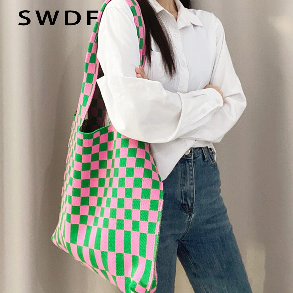 

Checkerboard Plaid Women Shoulder Bag Designer Large Color Plaid Crochet Handbag and Purse Knitting Big Tote Shopper Bags Lady