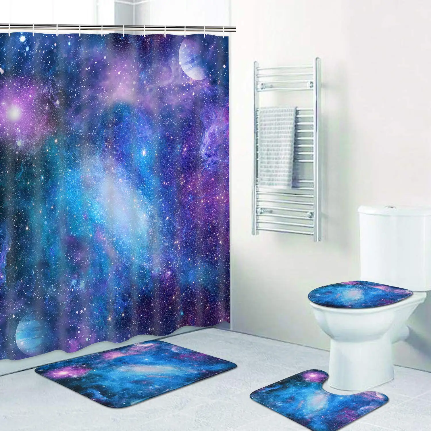 Purple Galaxy Shower Curtain Set Non-Slip Rug Toilet Lid Cover Bath Mat Starry Space Shower Curtain Nebula Universe Bathroom Set