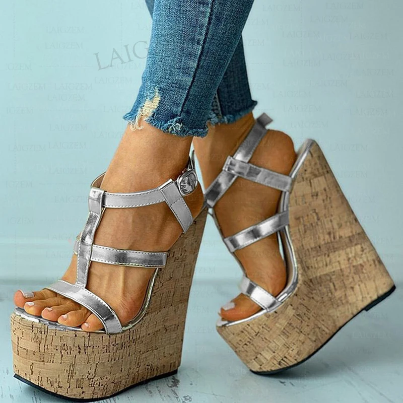 

SEIIHEM Women Sandals Platform 17CM Wedges Straps Faux Leather Open Toe Ankle Straps Ladies Shoes Woman Plus Size 39 42 45 50 52