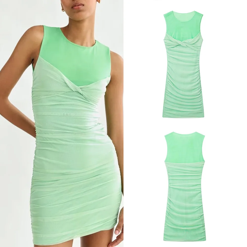 

PB&ZA summer new women's temperament fashion round neck slim body splicing print silk net dress 8342371