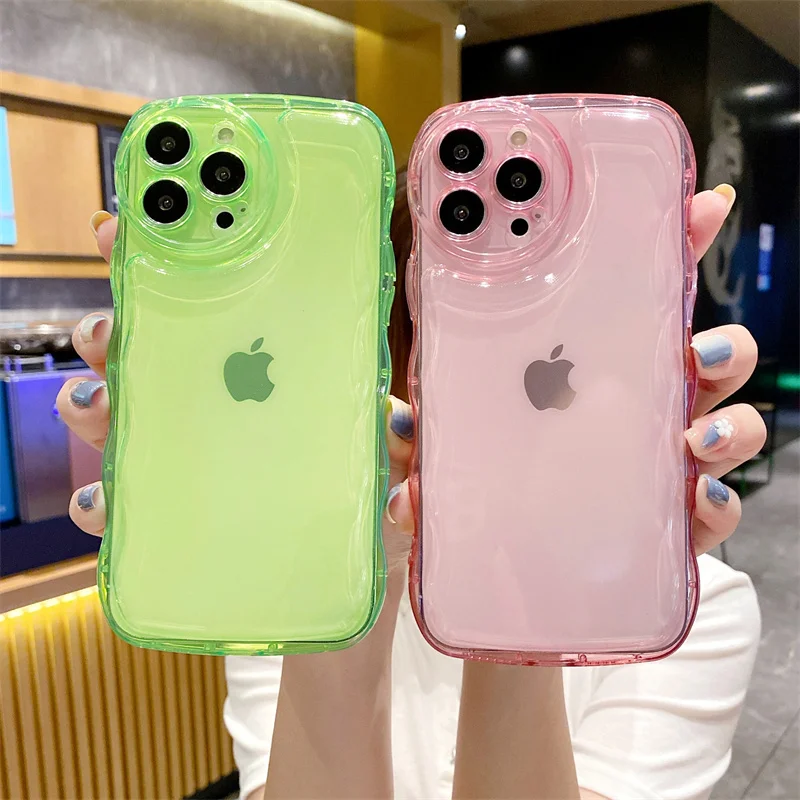 

Ottwn Solid Color Wavy Border Clear Phone Case For iPhone 11 12 13 Pro Max X XR XS Max 7 8 Plus SE 20 Lens Protection Soft Cover
