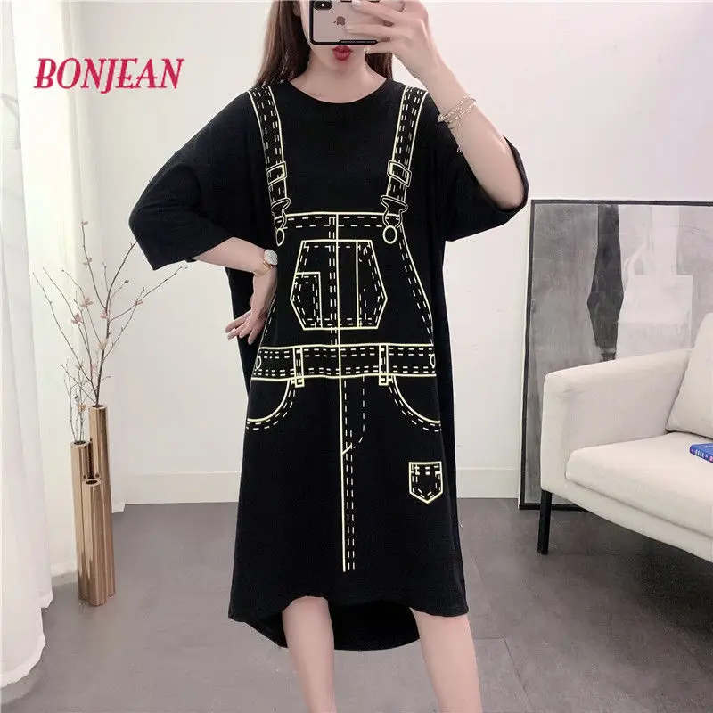 

Oversized Cotton Short-sleeved T-shirt Women 2022 New Loose Long Knee-length Dress Trendy Summer Dress Harajuku plus