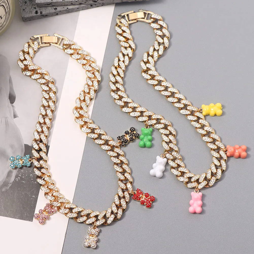 

Trendy New Colorful Resin Gummy Bear Crystal Cuban Necklace For Women Bling Iced Out Cuban Link Chain Necklace Choker Jewelry