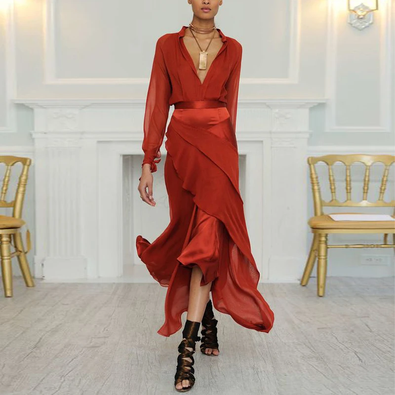 

2021 Trendy Irrgegular Orange V Neck Long Sleeve Homecoming Dresses Frock for Girls Collect Waist Summer Beach Party Prom Robes
