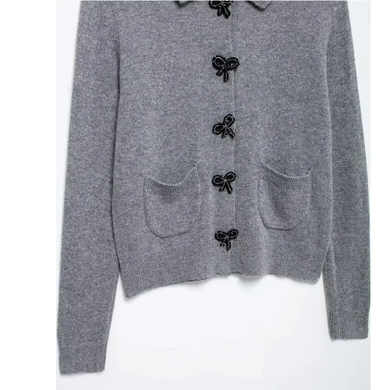 Укороченный женский кардиган TRAF серый вязаный верхняя одежда осенний свитер на