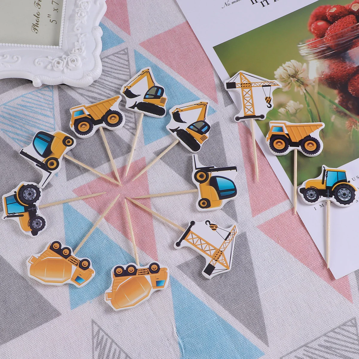 

12pcs Tractor Cupcake Toppers Excavator Cake Decorations Dessert Picks Fruit Topper Truck Cupcake Topper
