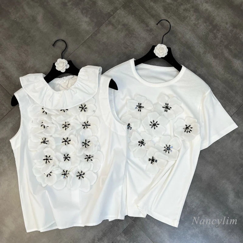 

2022 T-Shirt Women New Round Neck Short Sleeve Beads Three-Dimensional Flower Ins Sweet T White Tees Girls Ladies Tops Street