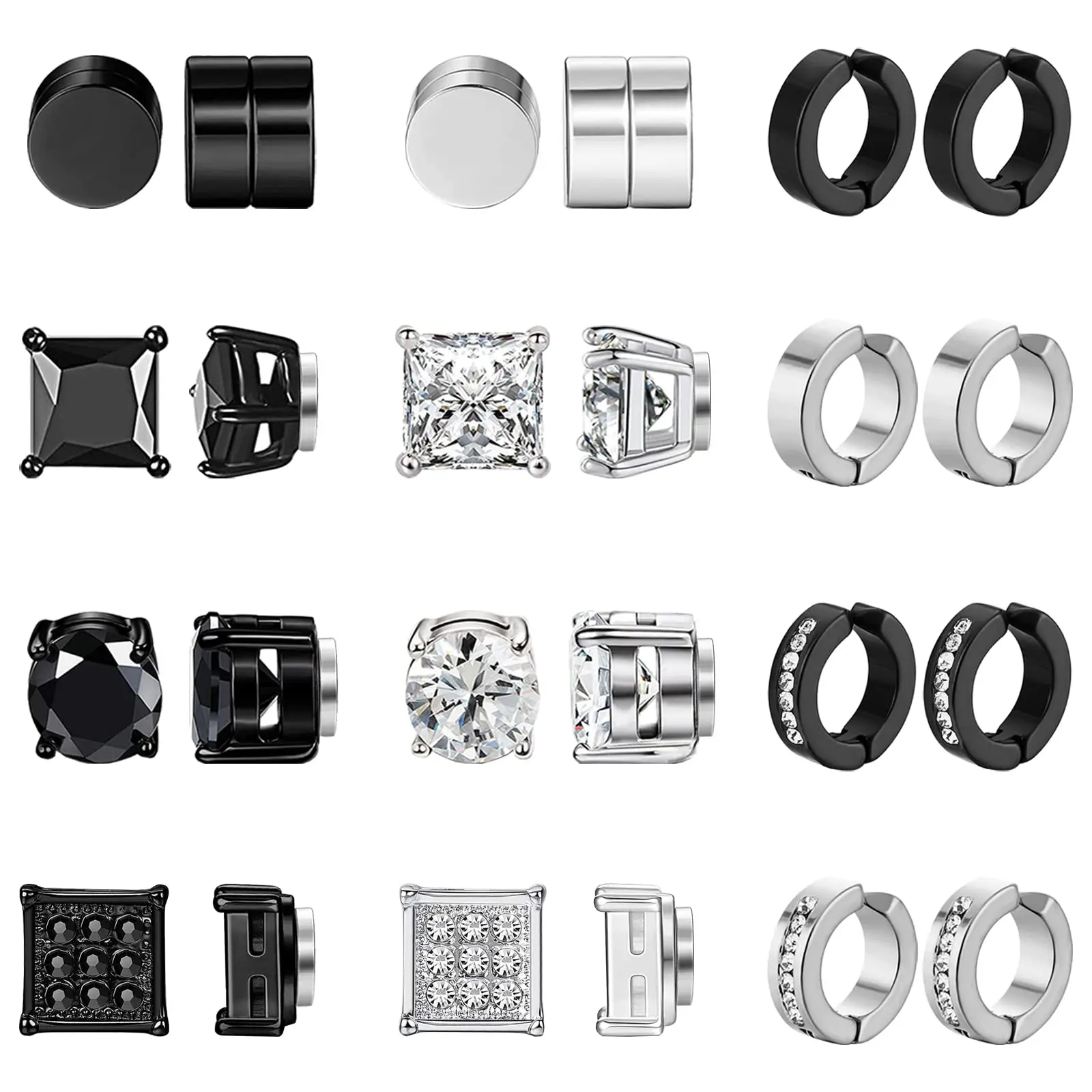 12 Pairs Magnetic Stud Earrings for Men Stainless Steel Magnet Earrings Clip on Non Piercing Inlaid Cubic Zirconia Hoop Earrings