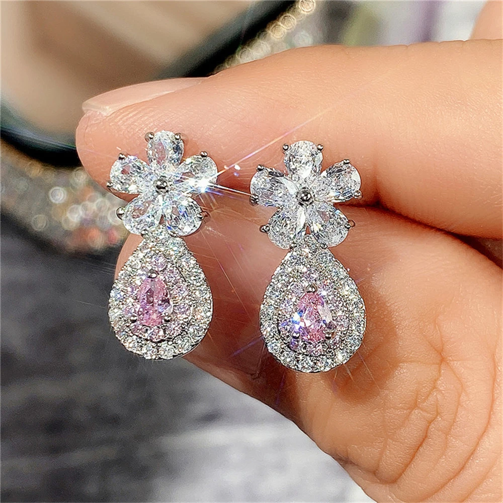 

New Exquisite Zircon Flower Earrings for Women Fashion Shiny Rhinestone Crystal Water Drop Stud Earrings Jewelry Wedding Brincos