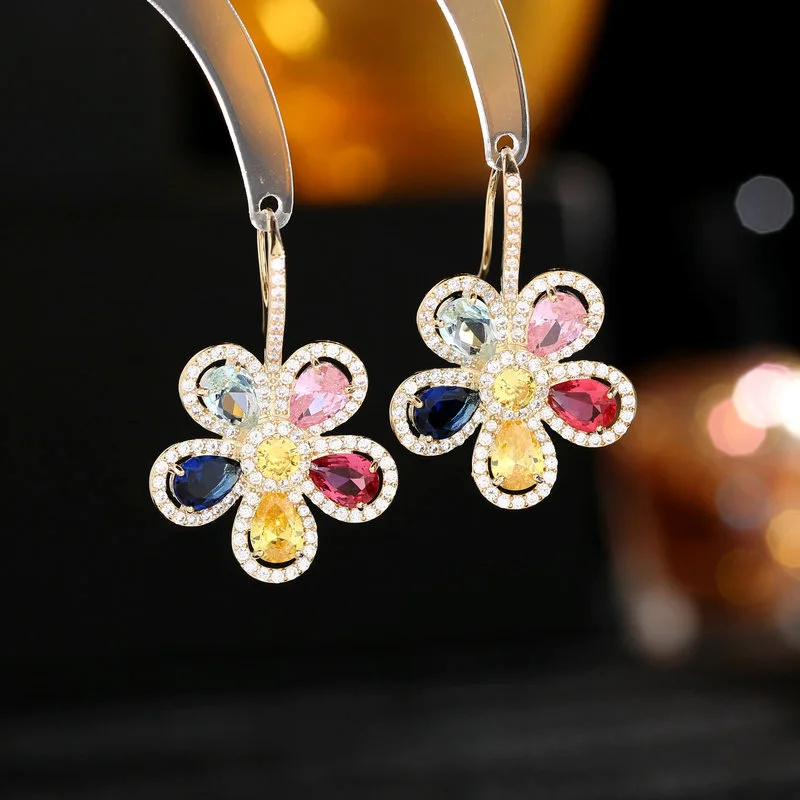 

Cubic Zirconia Colorful Flower Hook Earrings for Women Brand Design Fashion Statement Jewelry Gold Plated Luxury Earings