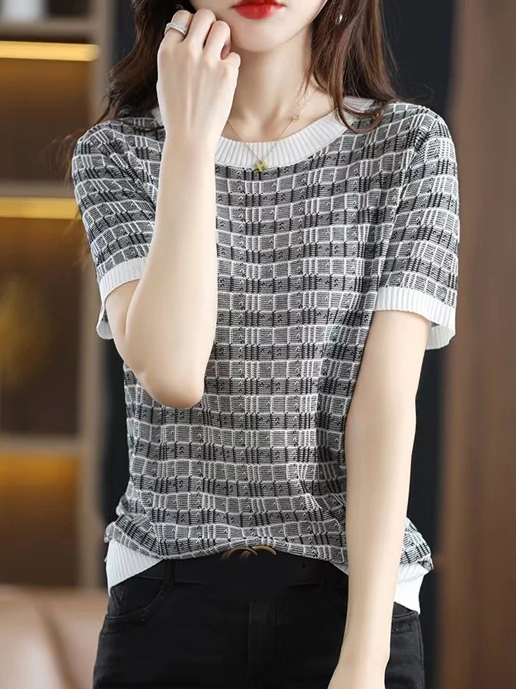 Женская футболка в полоску Базовая Трикотажная с коротким рукавом Корейском