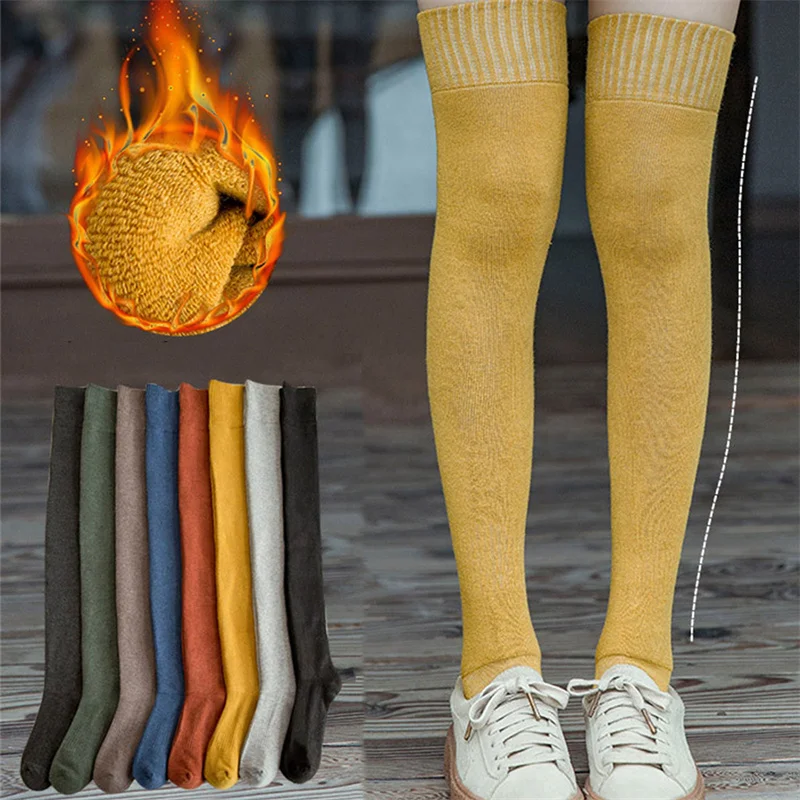 

1Pair Fashion Thicken Thigh High Socks Women Solid Long Stockings Warm Wool High Knee Socks Femme Leg Boots Calcetines Medias