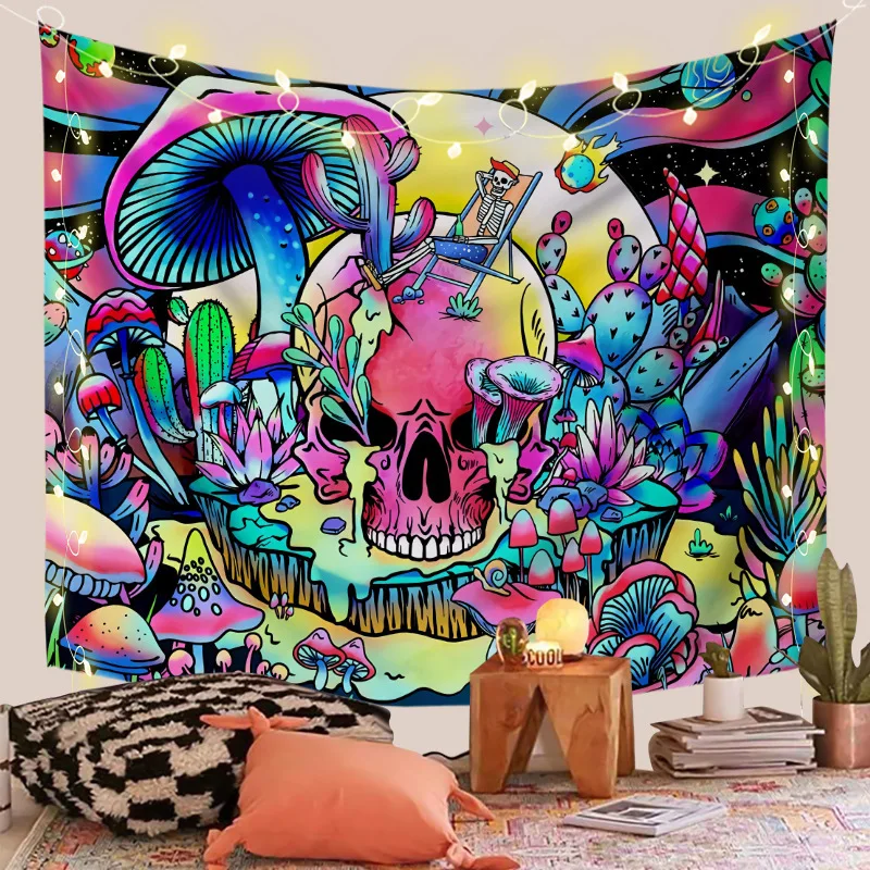 

Настенный гобелен с рисунком грибов, кактуса, черепа, цветной декоративный гобелен для дома
