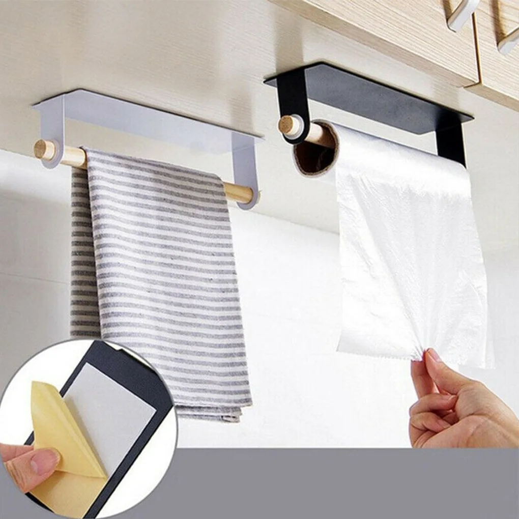 

Kitchen Bathroom Wood Towel Hanger Self Adhesive Rack Bar Cabinet Cling Film Rag Hanging Holder Toilet Roll Paper Organizer