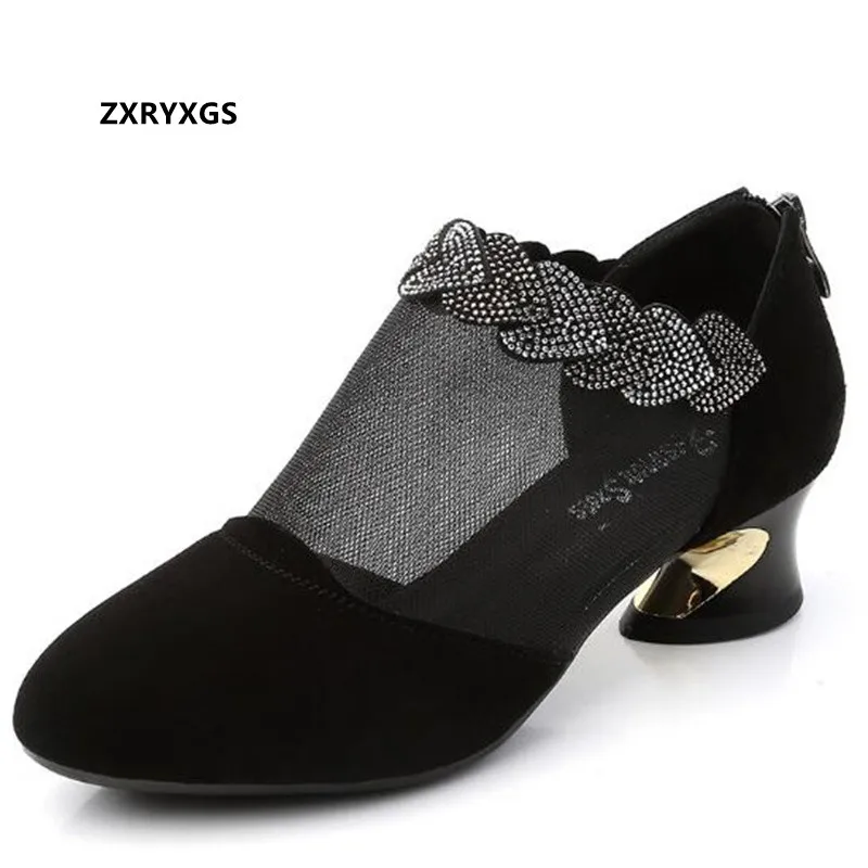 

2022 New High-end Temperament Women Sandals Black Frosted Cowhide Mesh Rhinestones Sandals Fashion Shoes Medium Heel Tide Shoes