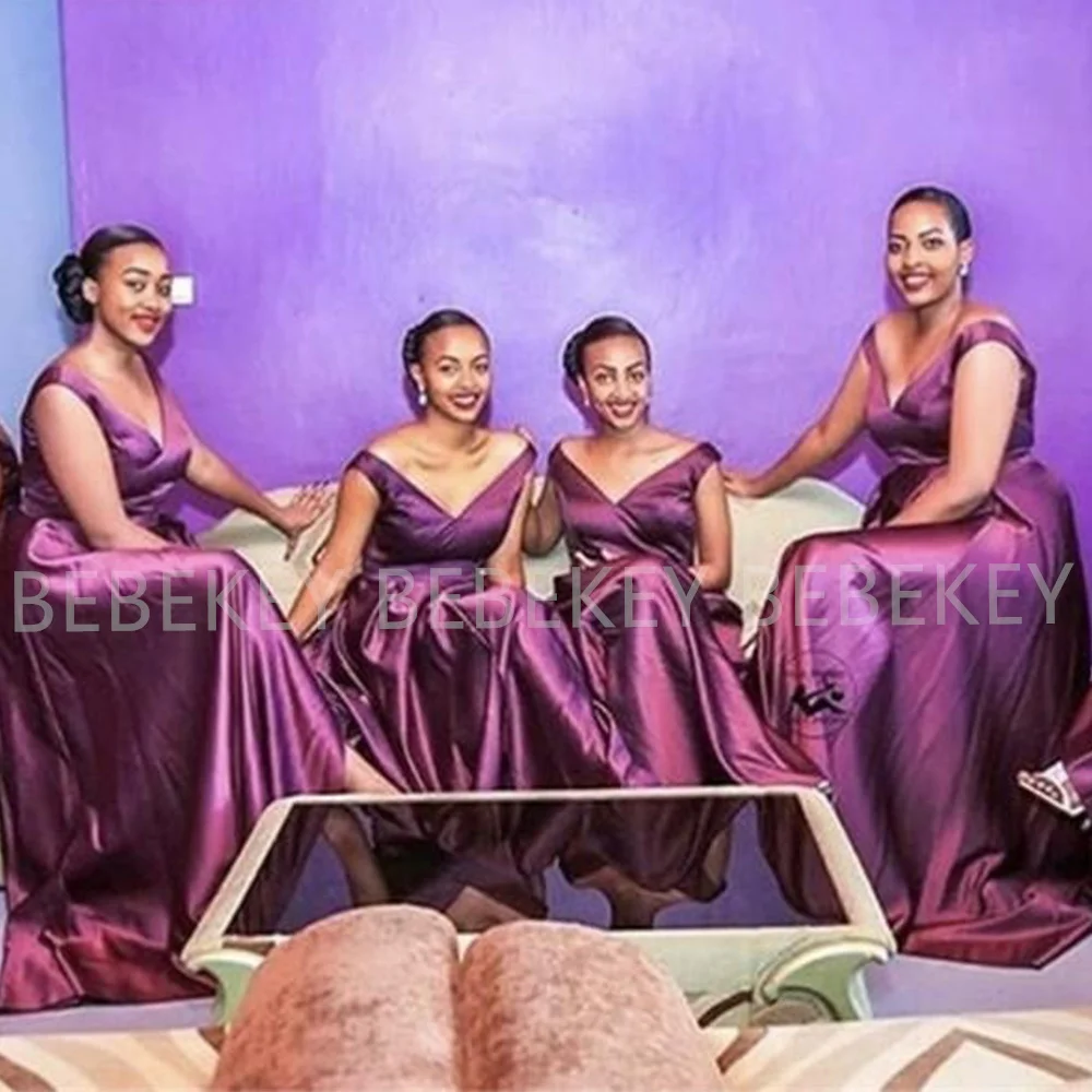 

Grape Satin Dresses for Bridesmaid Robes V-neck.side Split Elegant Long Wedding Guest Dress for Woman Party Weddings Evening
