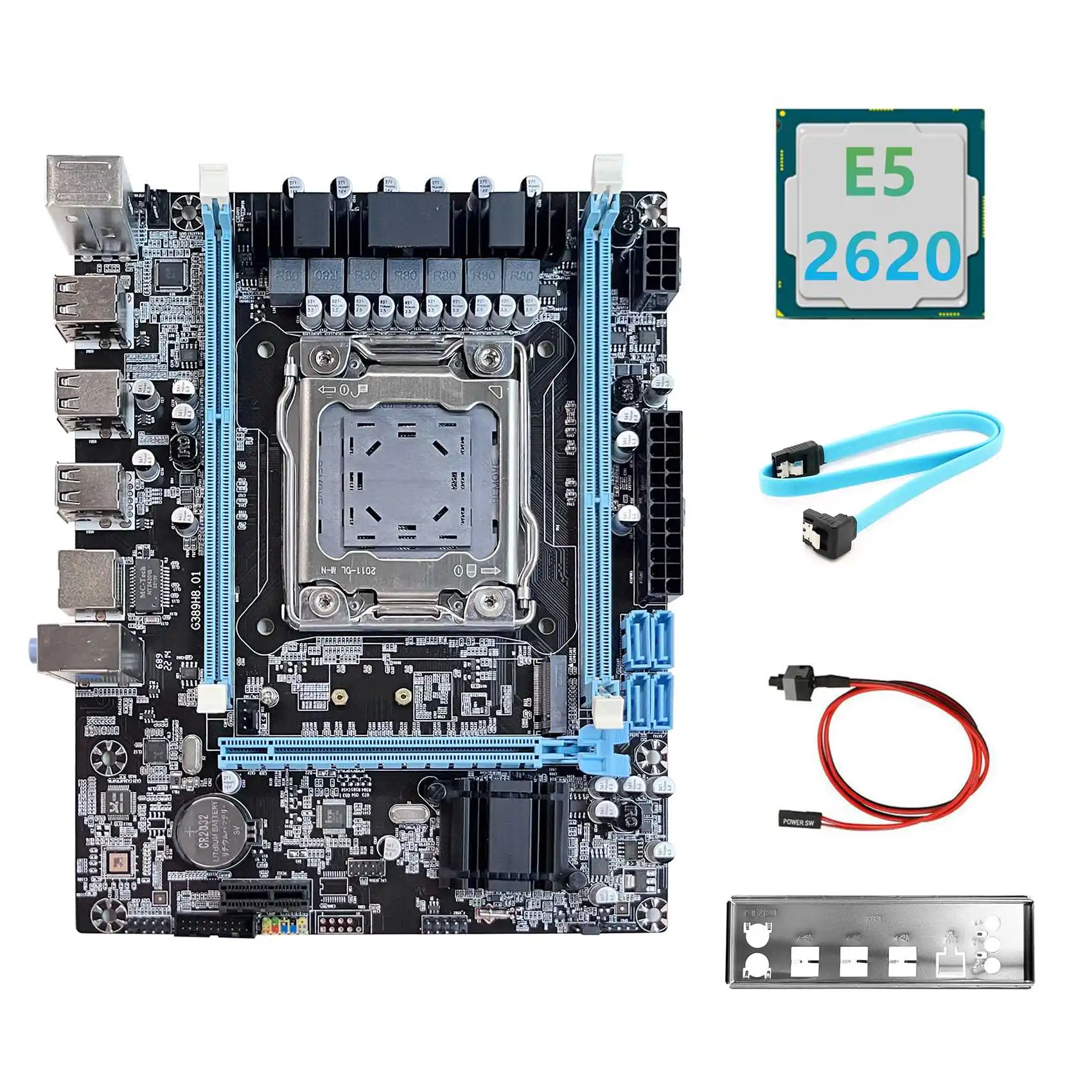 

X79 Motherboard V389+E5 2620 CPU+SATA Cable+Switch Cable+Baffle NVME LGA2011 Gigabit Network Card for CF LOL PUBG