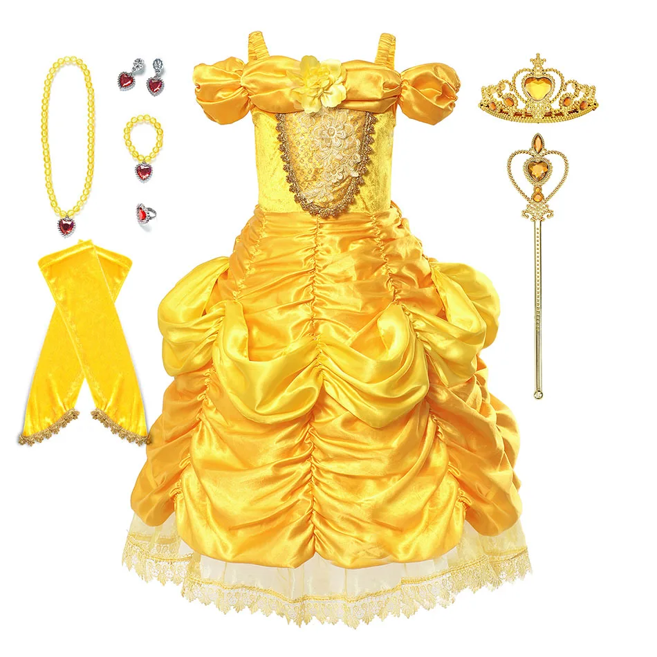 Disney Princess Dress For Girls Yellow Belle Cosplay Costume Cinderella Kids Dress Children Party Birthday Fancy Gown Vestidos