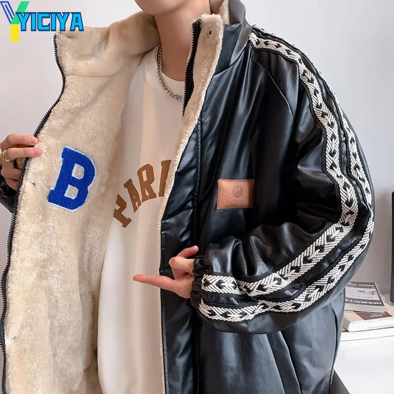 YICIYA Winter Coat 2023 For Women Leather Jacket Vintage Lamb Fleece Parkas Coat Thick Warm Clothes Loose Double-sided Outerwear