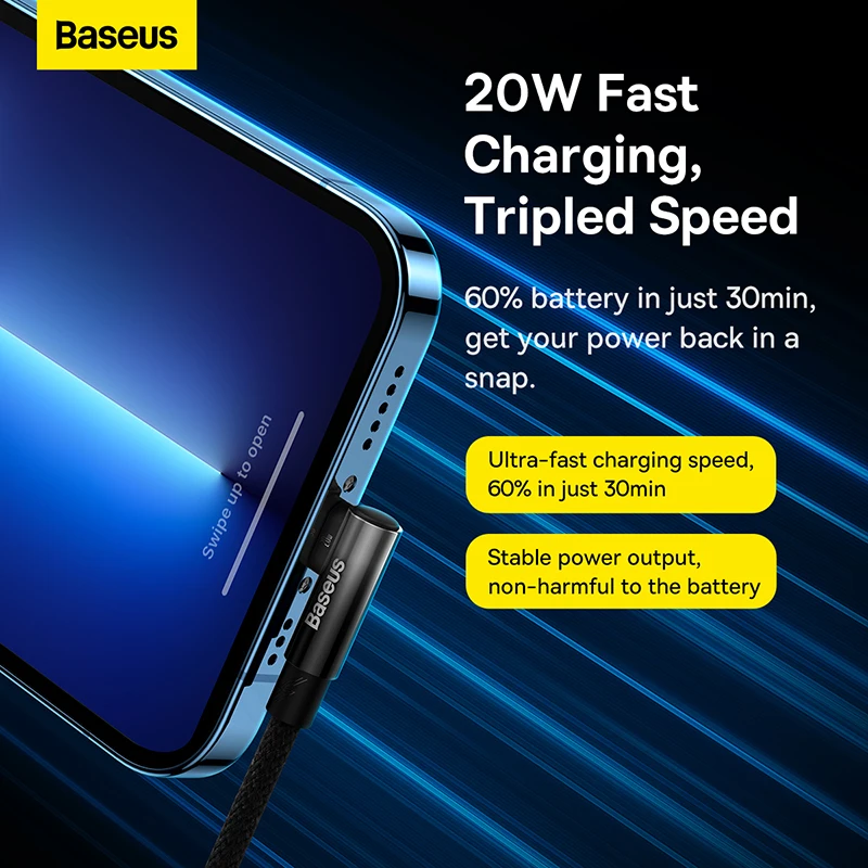 Baseus PD 20W USB Type C Cable For iPhone 14 13 12 11 Pro Max Mini 90 Degree Fast Charging Charger USBC Data Cable For iPad Wire