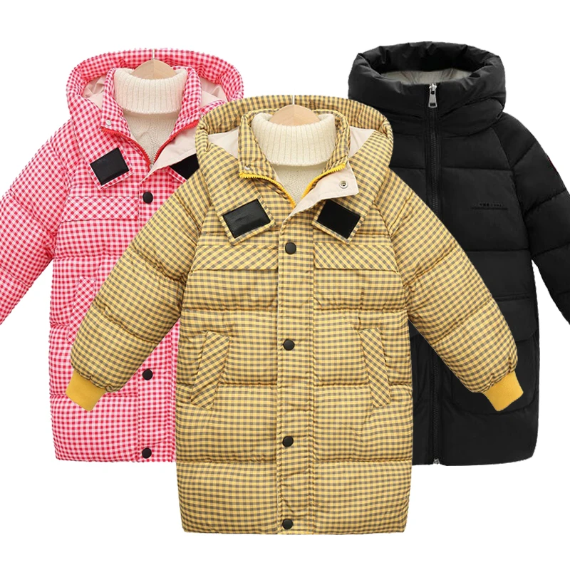 

2022 New Children's Plaid Medium Length Cotton Clothes Boys and Girls Solid Color Hooded Down Jacket Baby Warm Coat