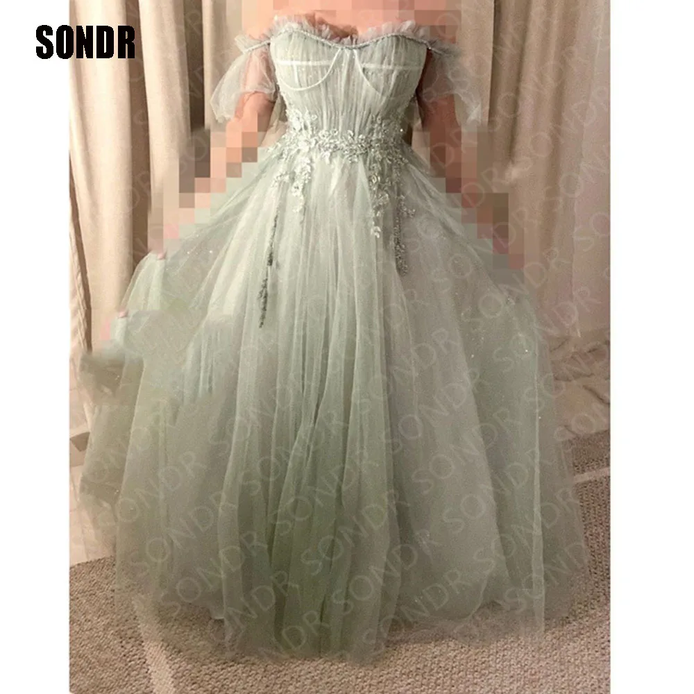 

SONDR Pretty Light Blue A Line Shiny Prom Dresses Prom Gowns Appliques Tulle Sweetheart Vestidos De Fiesta Evening Gown Dress