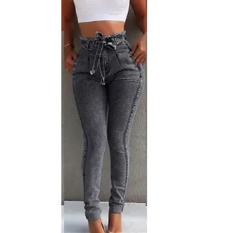 Women Jeans Summer Solid Skinny Slim Stretch Fringe Belt Pencil Jeans High Waist Tassel Drawstring Femme Stretch Denim pants
