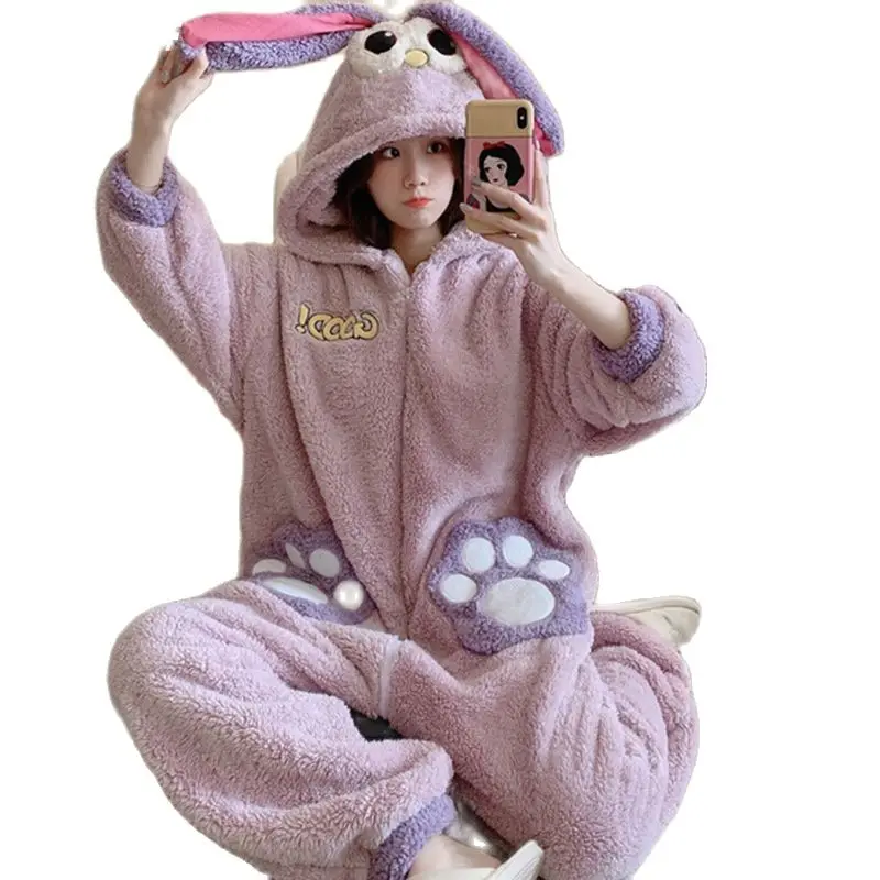 Free Shipping Flannel One-piece Women's Coral Velvet Home Clothes Lovely Cartoon Hooded Pajamas Set Winter Pajamas
