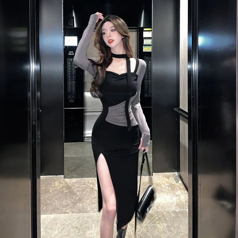 Женское облегающее платье с запахом привлекательное длинное длинным рукавом и