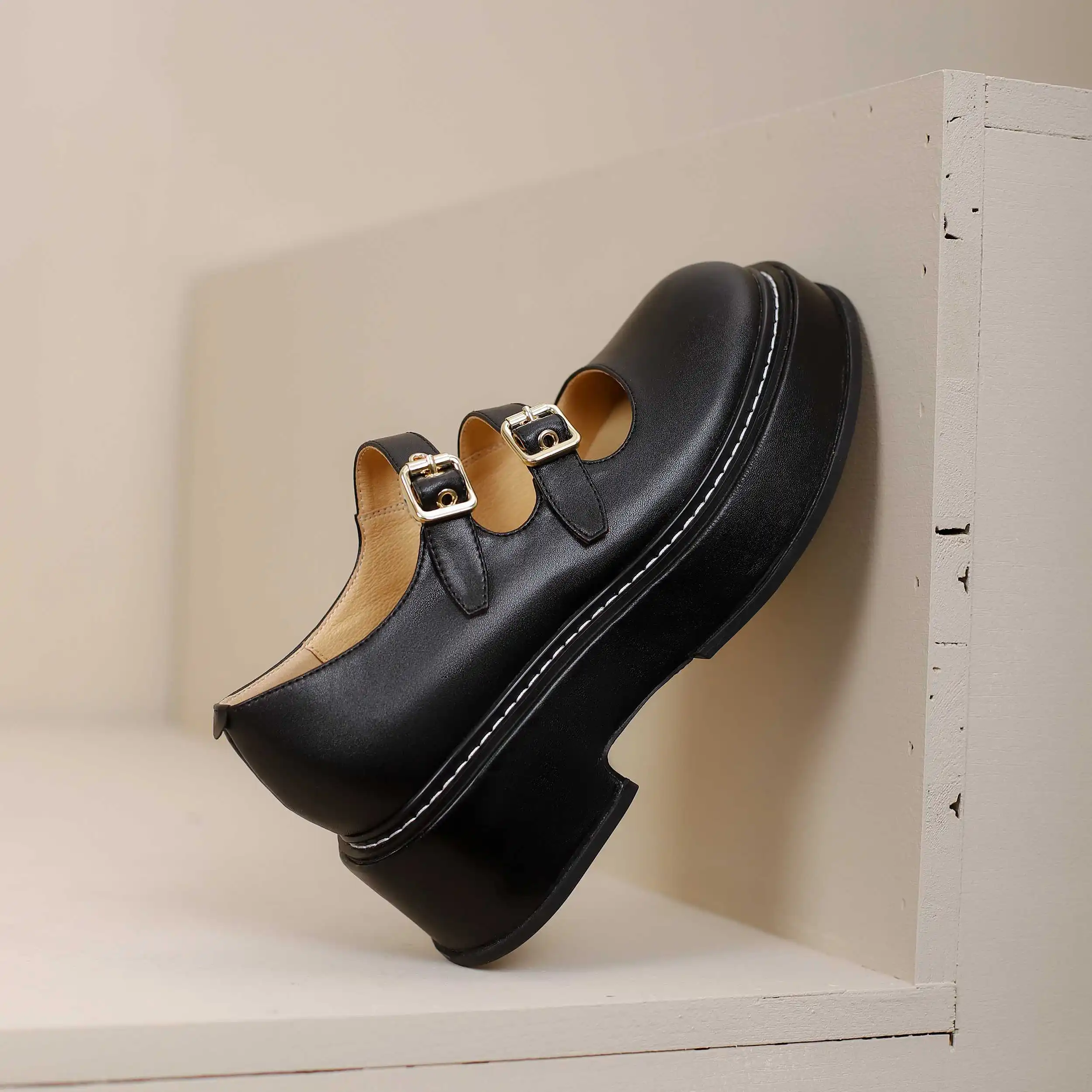 

Женские туфли-лодочки Lenkisen, из натуральной кожи, с круглым носком, на высоком каблуке, с ремешком и пряжкой, в стиле преппи, L62