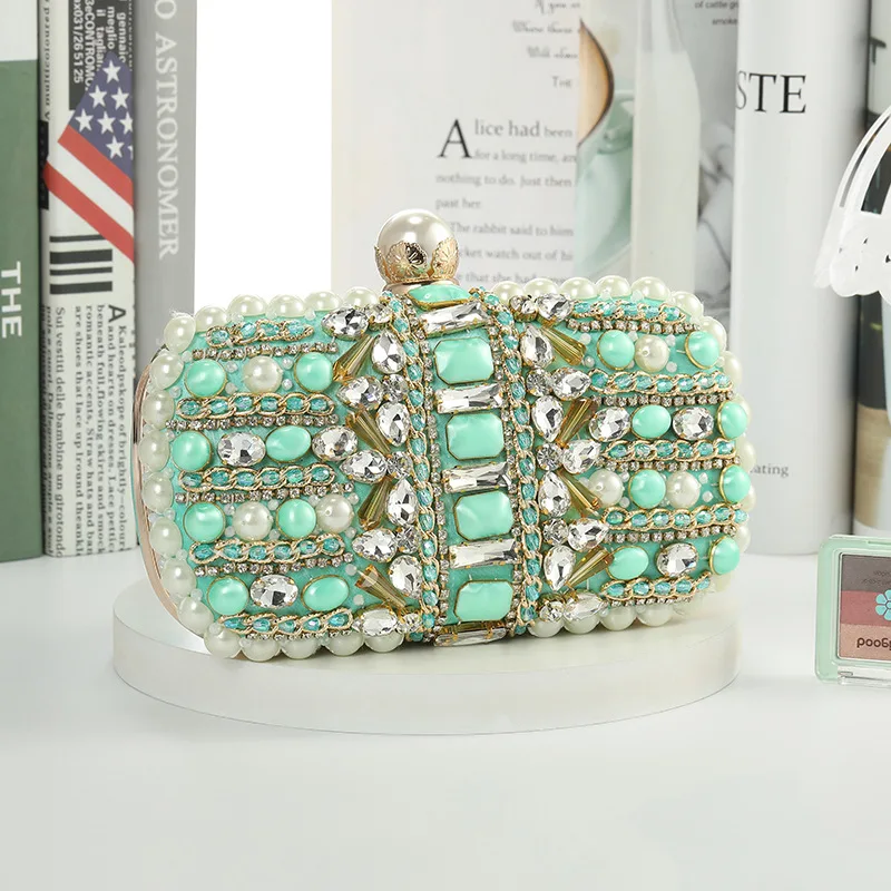 

New Green White Pearl Crystal Beading Evening Bag For Women Wedding Party Clutches Fashion Banquet Socialite Clutch Handbags