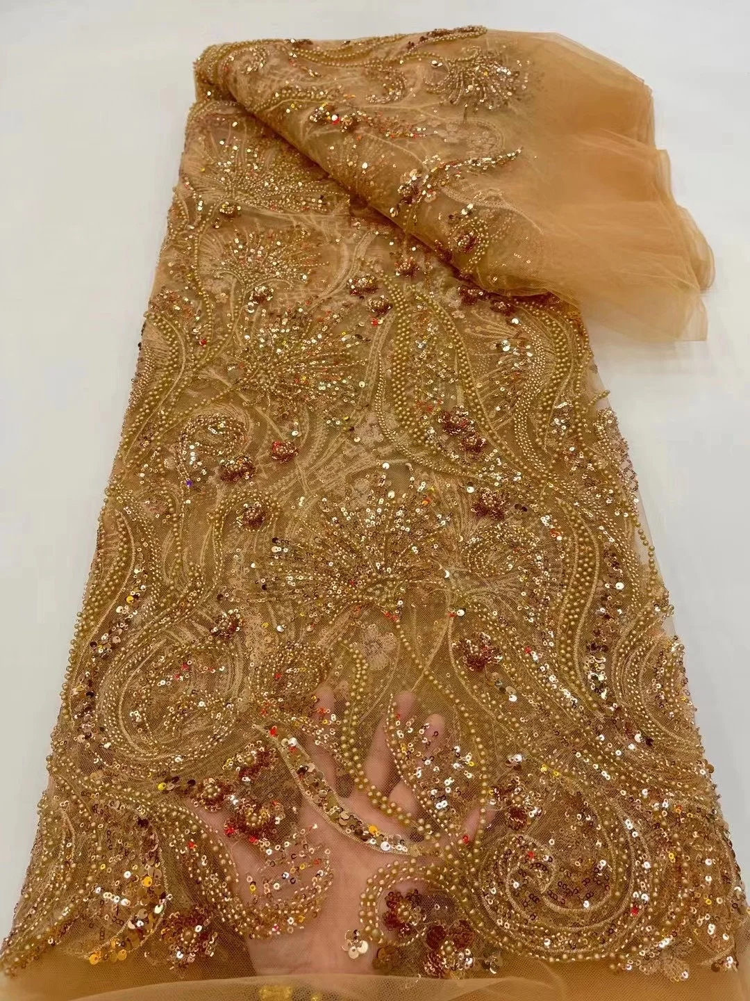 

Золотая новейшая африканская кружевная ткань, бисером, высокое качество, французская сетчатая вышивка, искусственное нигерийское платье