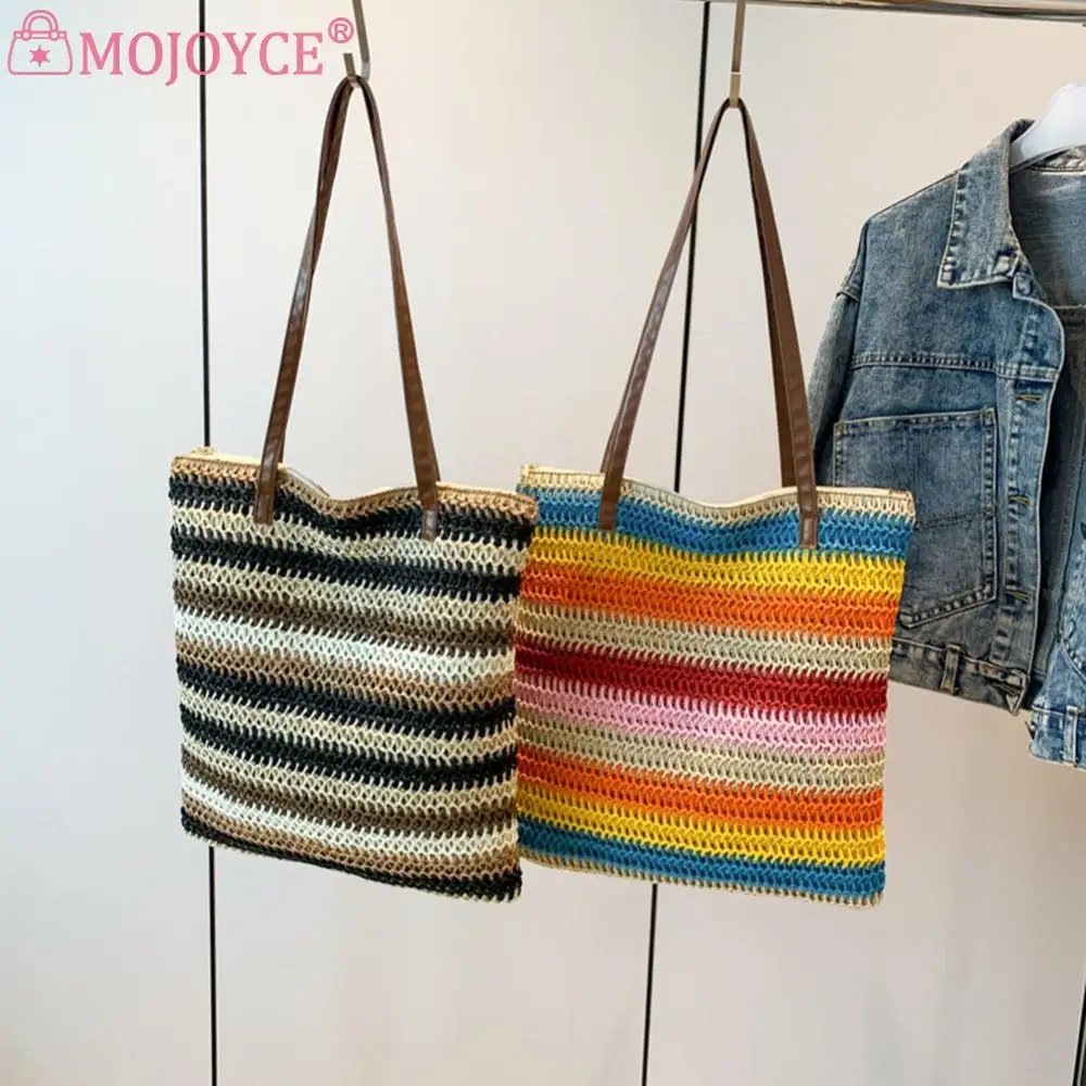 Пляжная соломенная сумка в полоску Модный богемный саквояж на плечо большой