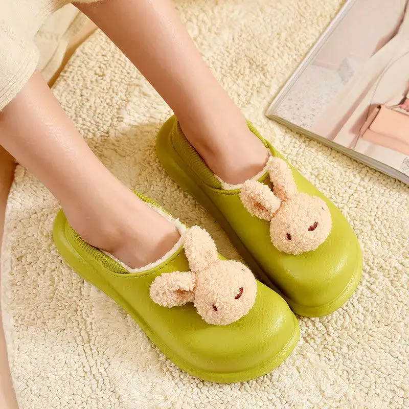 Winter Waterproof Women Slippers Cartoon Warm Non-Slip Thick Heel Home Cotton Plush Shoes Indoor Outdoor Slides Cute Shoes mules