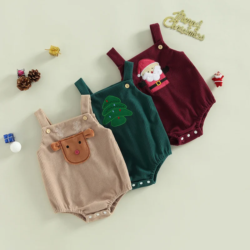 

Baby Girls Boys Christmas Romper Corduroy Casual Cartton Santa Claus/Tree/Elk Sleeveless Square Neck Bodysuit for Newborn 0-18M