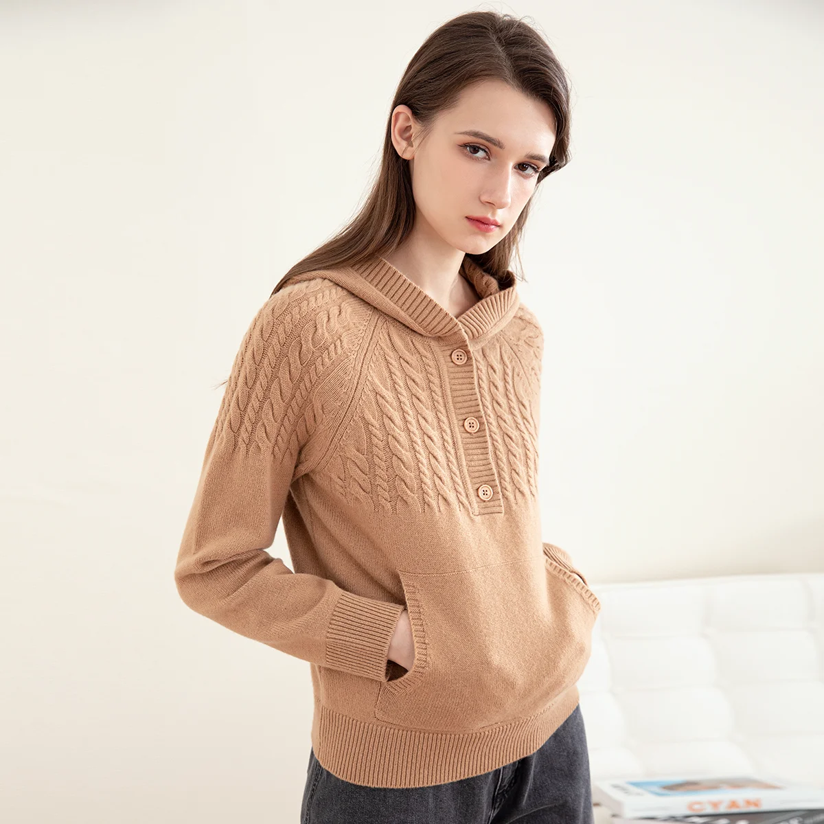 TC-168 100% мериносовая шерсть высококачественный женский пуловер с капюшоном