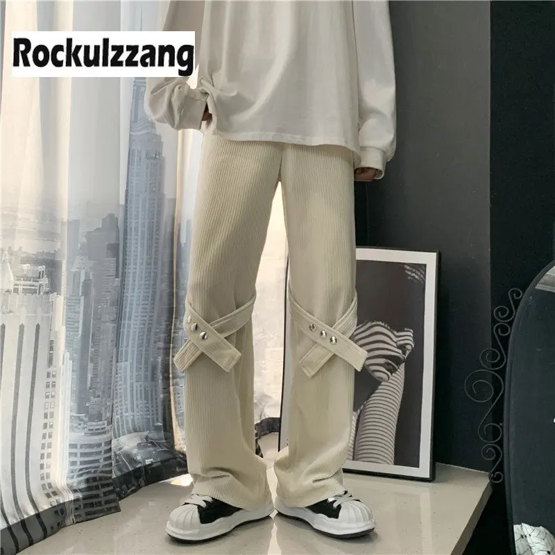 

Rockulzzang Techwear Corduroy Pant with Leg Lace-Up High Waist Straight Trouser Women Harajuku y2k Hip Hop Autumn Spring Fashion