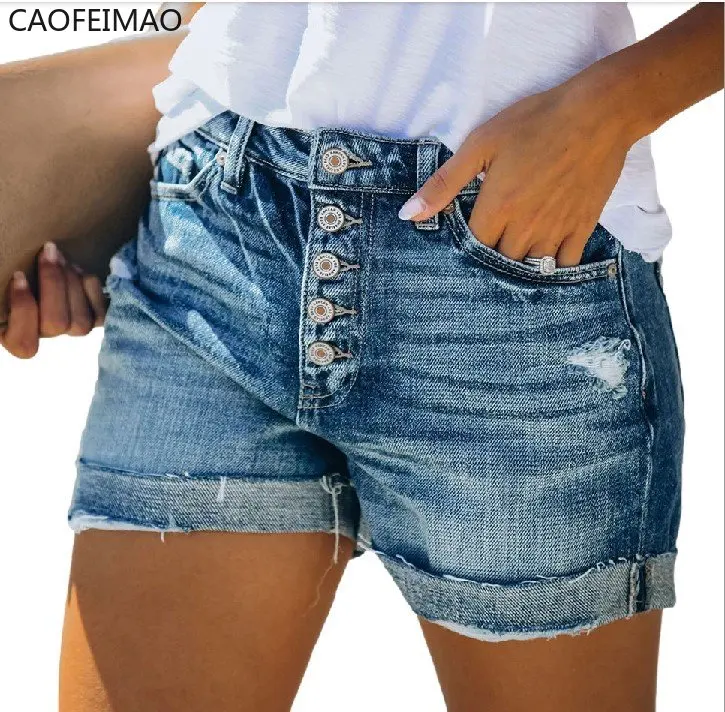 

Caofeimao Women's New Summer High Waist Curly Edge Denim Shorts Fashion Breasted Hot Pants Ripped Popular Women's Pants