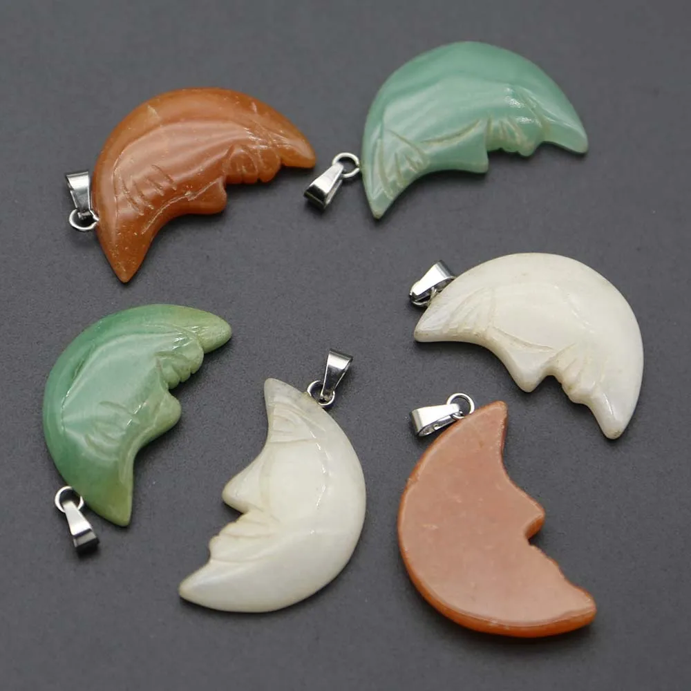 High Quality Natural Stone Carved Moon Face Pendants Fashion Charms Mineral Healing Necklaces Jewelry Accessories Wholesale 8Pcs