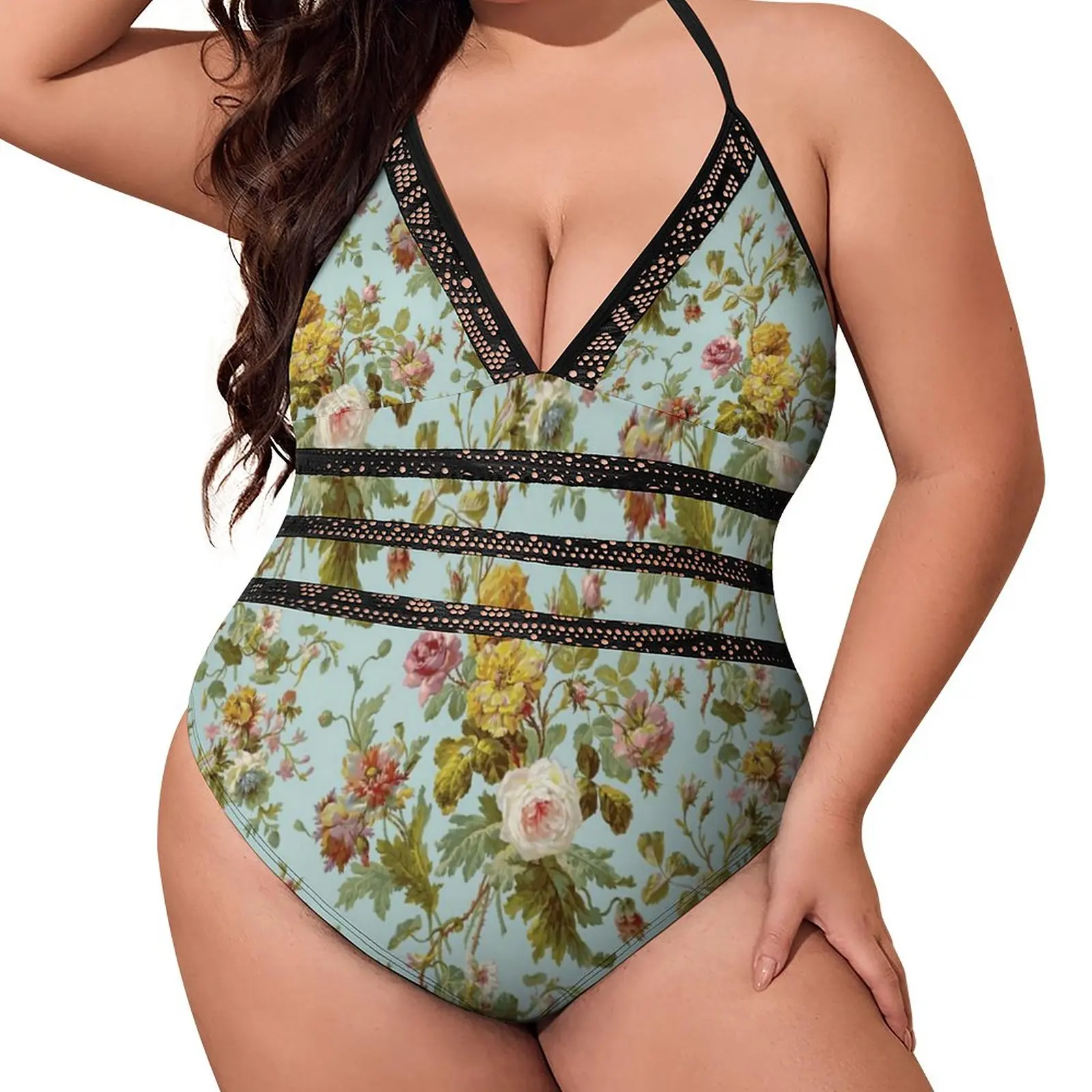 

Stylish Baroque Floral Swimsuit Vintage Pink Roses Swimwear Push Up Sport Monokini Sexy Cut Out Bodysuit Beach Wear Large Size