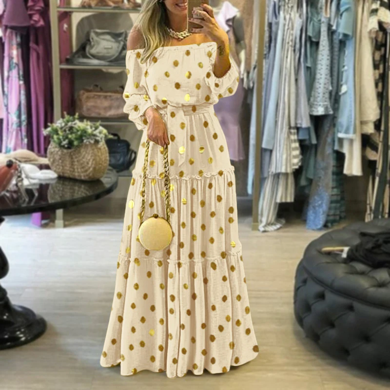 

Elegant Polka Dot Stamping Bohe Dress Sexy Slash neck Puff Sleeve Long Party Dress Women Fashion Pleated Waist Slim Beach Dress