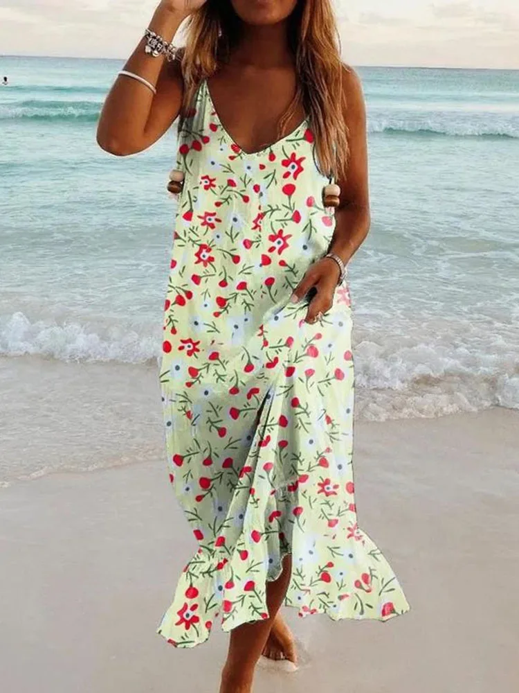 

Sexy V-Neck Floral Print Hem Ruffle Dress Vintage Sleeveless Bohemian Pullover A-Line Dress Beach Sling Loose Ladies Long Dress