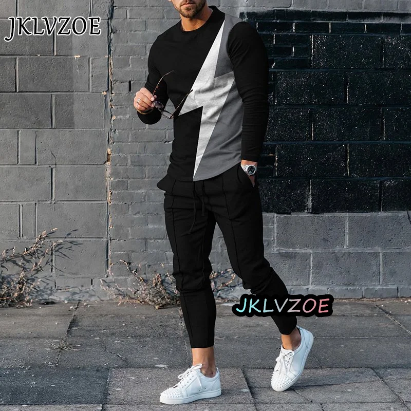 Summer Mens 2 Piece Set Tracksuits Luxury Outfit Long Sleeve O-Neck T-shir Set Casual Oversized Men Clothing Tshirt Suit Jogging