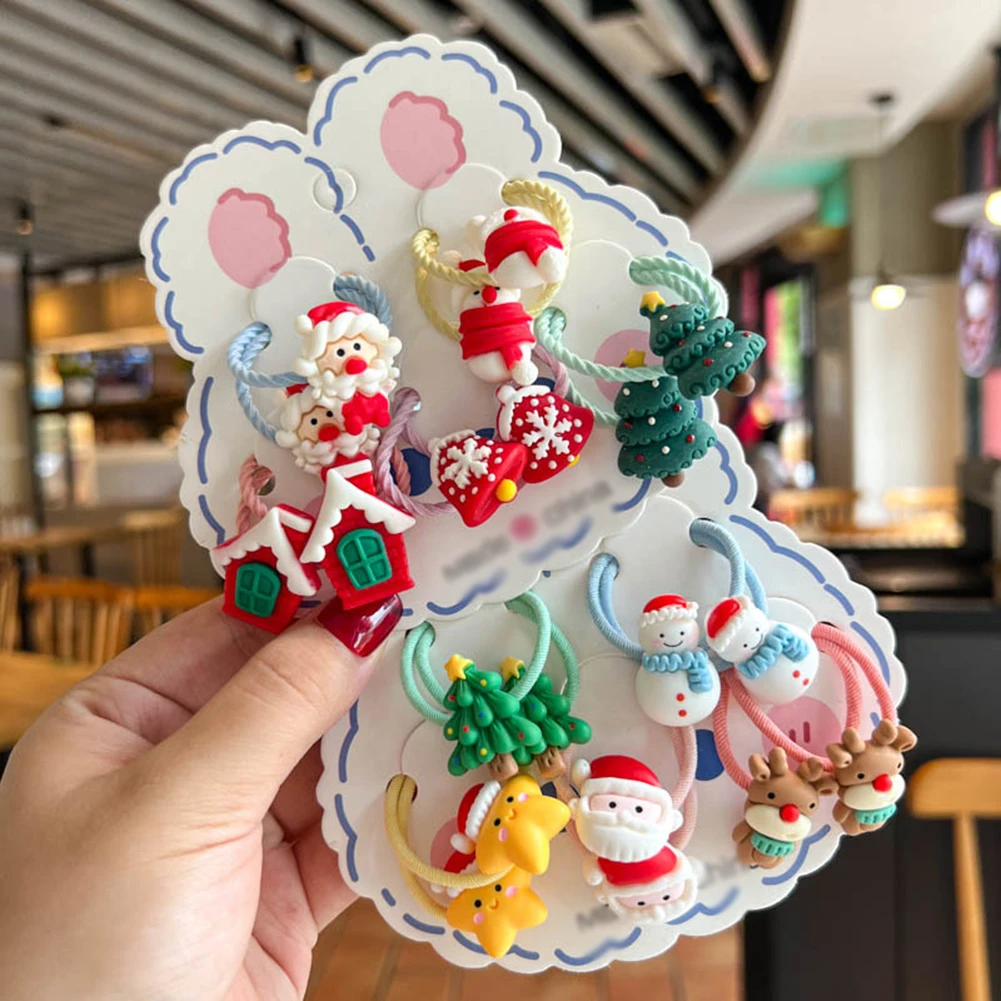

5Pair Cute Cartoon Christmas Elk Elastic Hair Bands Rubber Hair Rope Tie Girls Hair Scrunchie Ponytail Holder Gum Accessories