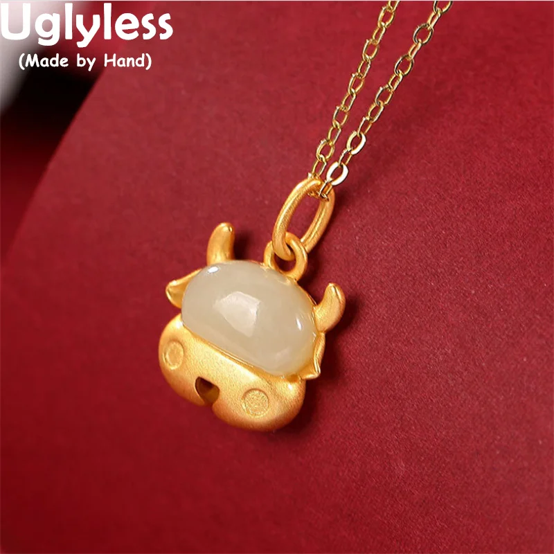 

Uglyless Natural Jade Nephrite Bull Necklaces for Women Lovely China Chic OX Year Gifts Jewelry 925 Silver Animal Jewel NO Chain