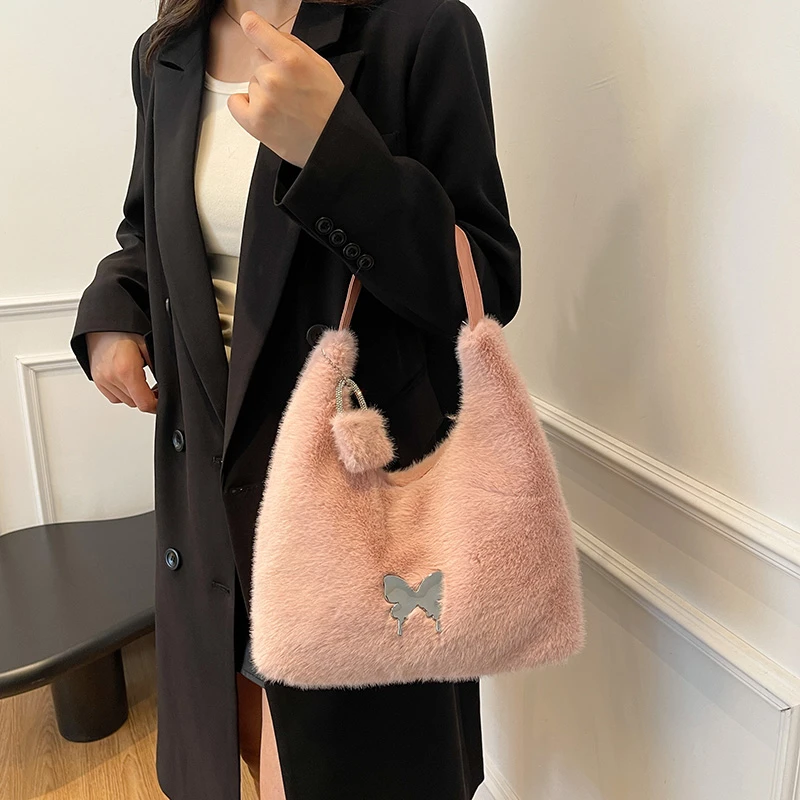 Простая однотонная женская универсальная плюшевая сумка-тоут большой