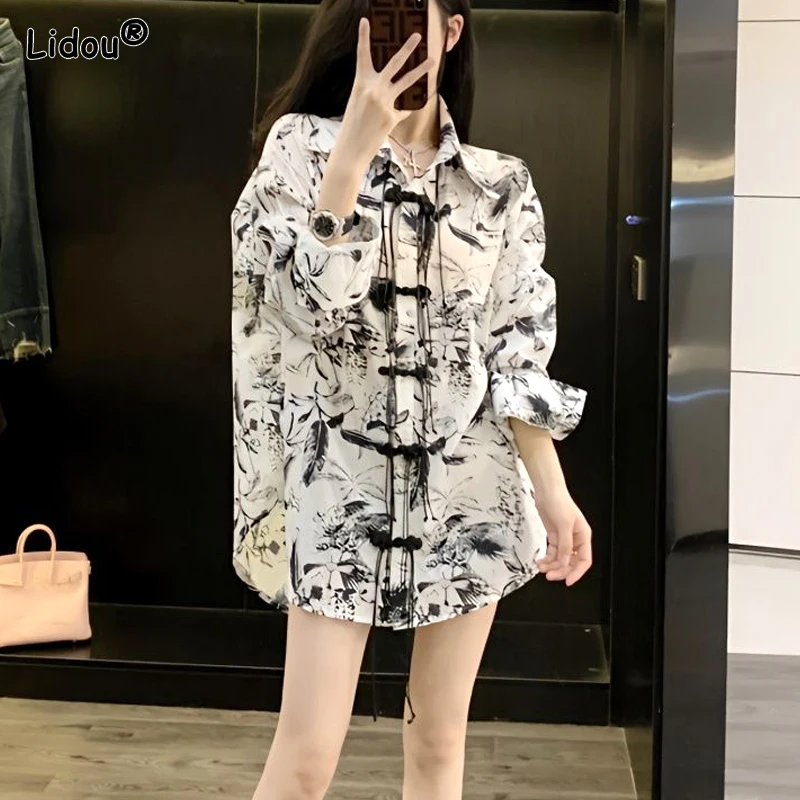 

Women's Clothing Fashion Casual Loose Printing Handsome Button Vintage Turn-down Collar Spring Summer Thin Streetwear Blouses