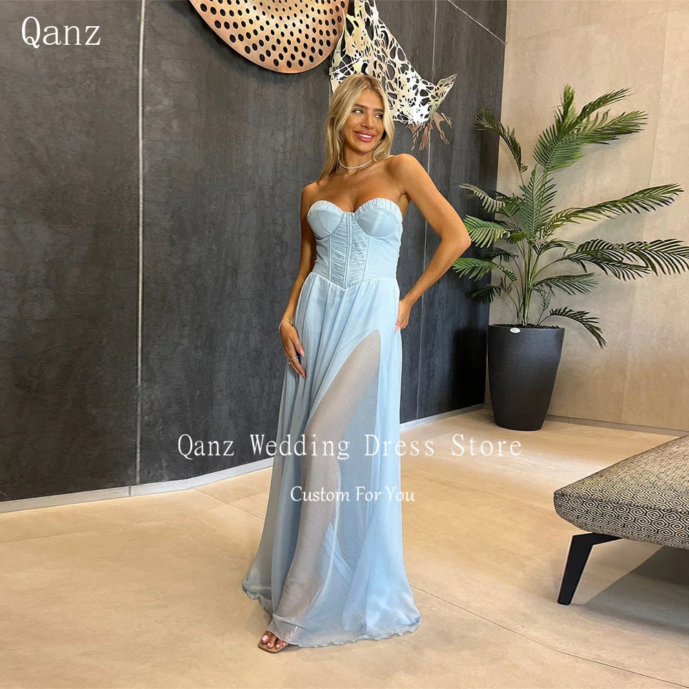 Qanz Элегантные небесно-голубые вечерние платья Шифоновые длинные на шнуровке
