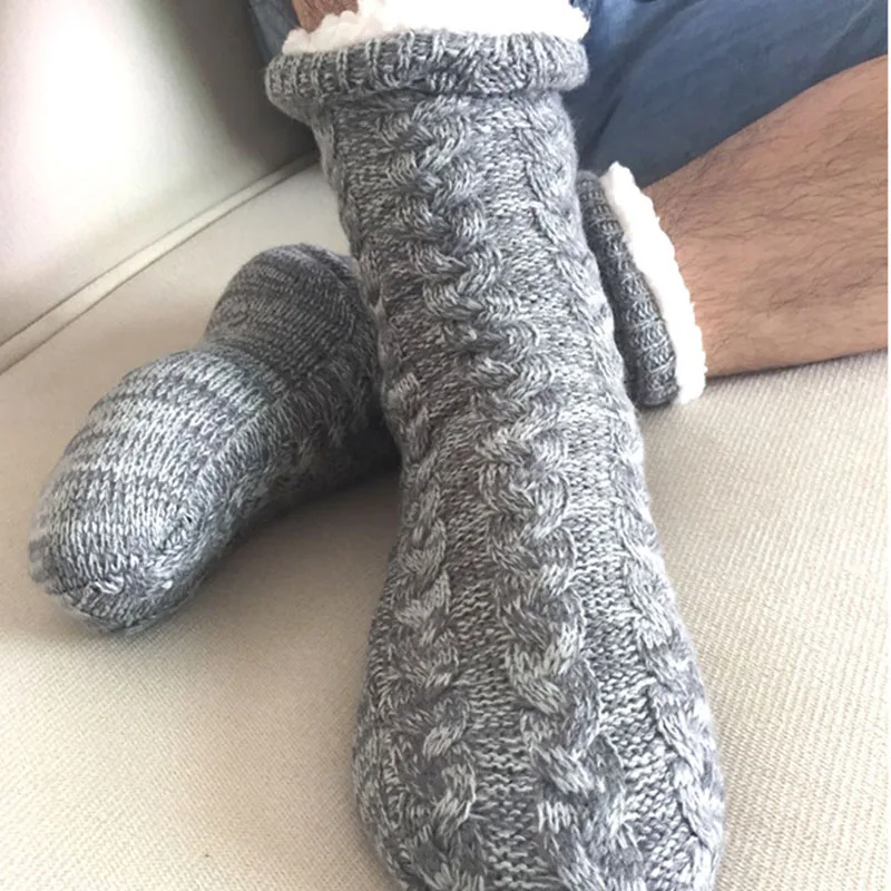 Мужские зимние утолщенные вязаные носки-тапочки тканые термокашемировые
